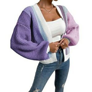 Women's Open Front Long Sleeve Ribbed Knit Cropped Cardigan Sweater Purple Blue